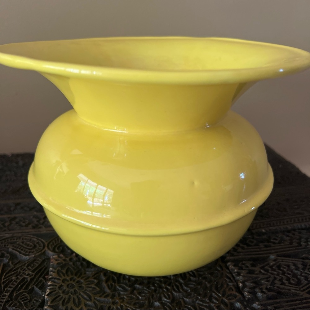 Antique Bright Yellow Glazed Ceramic Spitton Cuspidor 6" high x 7.75" diameter